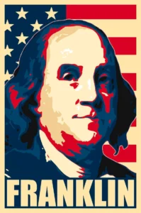 A vector art of Benjamin Franklin with the colors of the flag of United States with his name written in white text.
