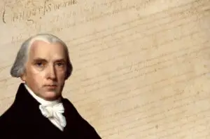 James Madison in front of text for the US Bill of Rights