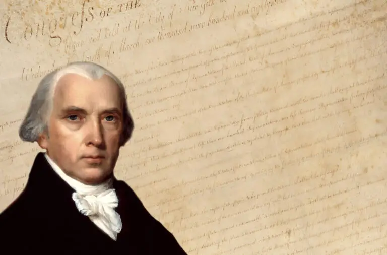 James Madison in front of text for the US Bill of Rights