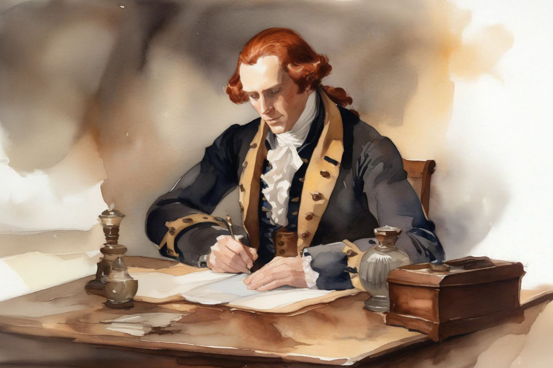 watercolor image of Thomas Jefferson sitting at his desk drafting the declaration of independence
