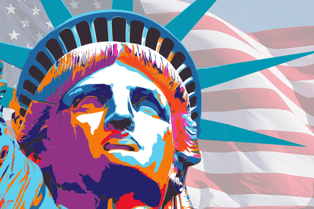 abstract colors on the Statue of Liberty in front of waving American flag background
