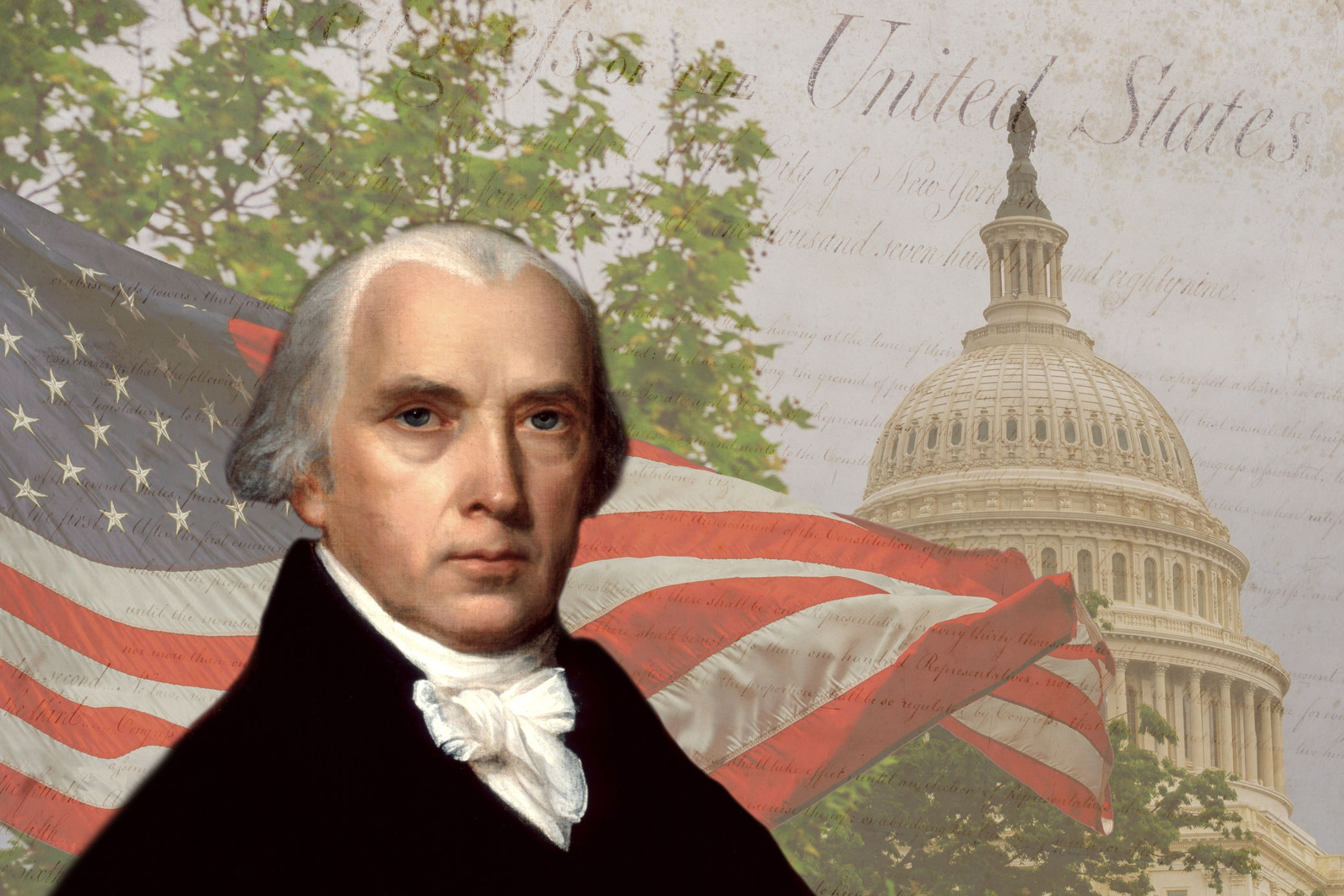 James Madison painting in front of waving American flag the us capitol and the words of the constitution in the background