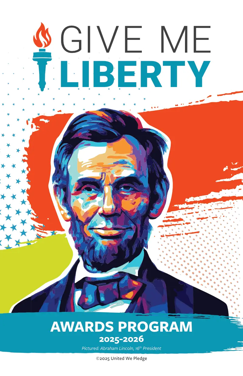 Give Me Liberty booklet cover image with likeness of Abraham Lincoln in bold colors